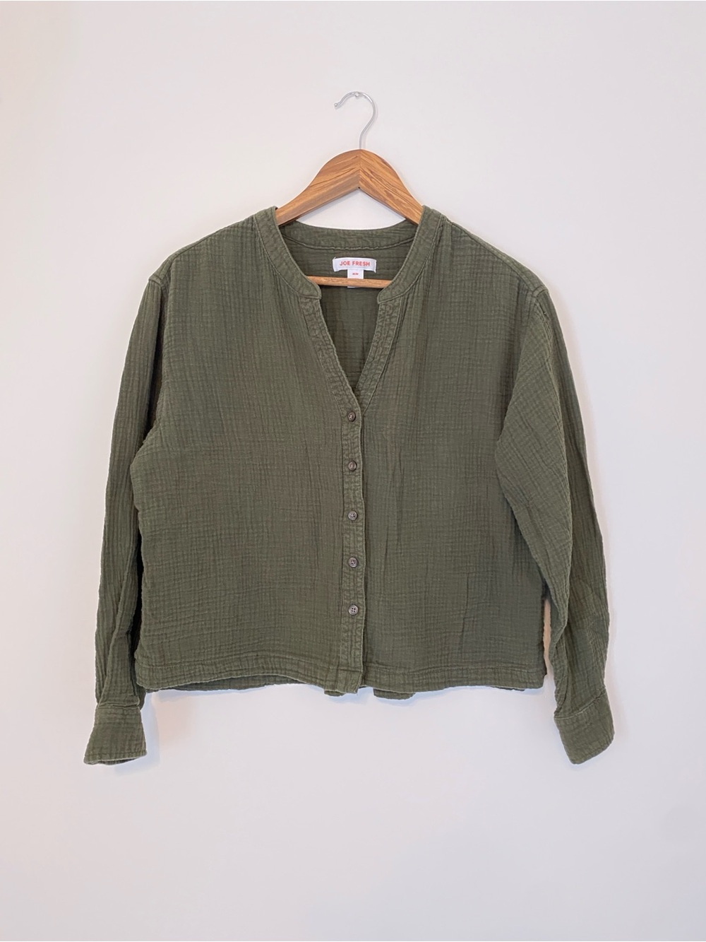 Olive Green Button-Front Gauze Blouse - Picture 1 of 9
